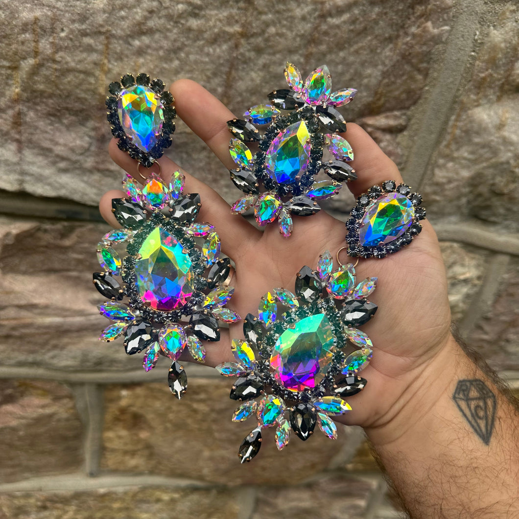 Smokey - Ab & Black Diamond- Ready to Ship earrings and ring set
