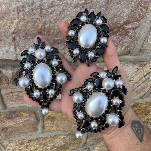 Jet black and Pearl button style - Ready to Ship earrings and ring set