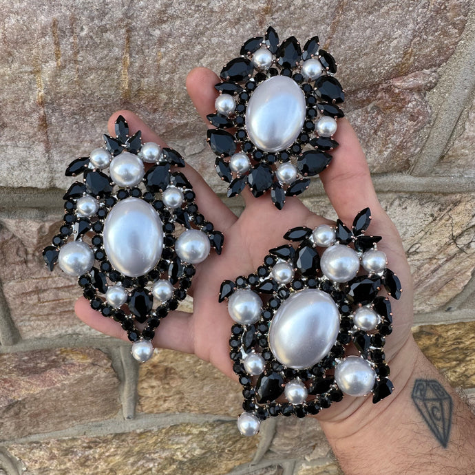 Jet black and Pearl button style - Ready to Ship earrings and ring set