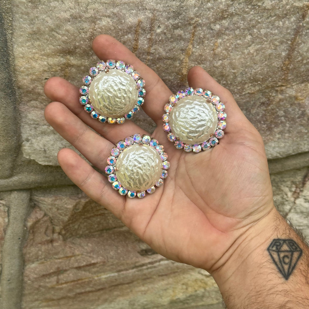 Round Pearl Cab w/ AB - large buttons Ready to ship earrings and ring set