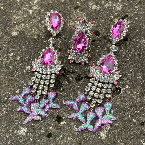 Rose Fin mermaid - Ready to ship waterfall earrings and ring set
