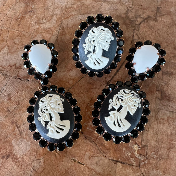Black & White skull cameo - Ready to Ship earrings and ring set