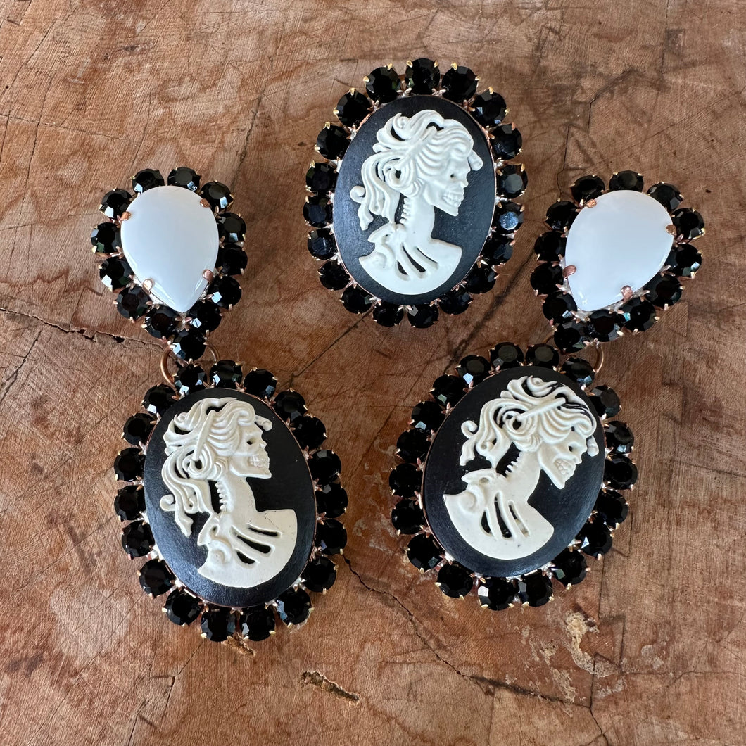 Black & White skull cameo - Ready to Ship earrings and ring set